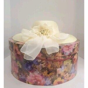Vintage Marionette Wide Brim Womens Hat W/ Box Ivory Floral Ribbon 15"